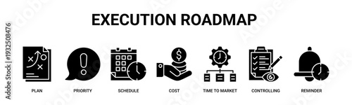 Execution Roadmap web banner icon vector illustration concept with icons of plan, priority, schedule, cost, time to market, controlling, reminder.