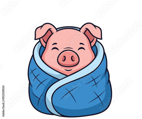 A cartoon pig wrapped in a blue blanket, sleeping peacefully with a happy expression on its face