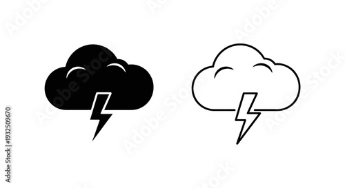 Set of 2 black and white cloud with lightning bolt icons vector