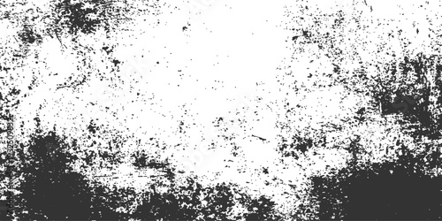 An abstract black and white grunge background featuring a dark ink splash texture with dirty paint splats and a dusty paper border design