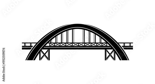 Arched Bridge Silhouette Vector Illustration on White Background.