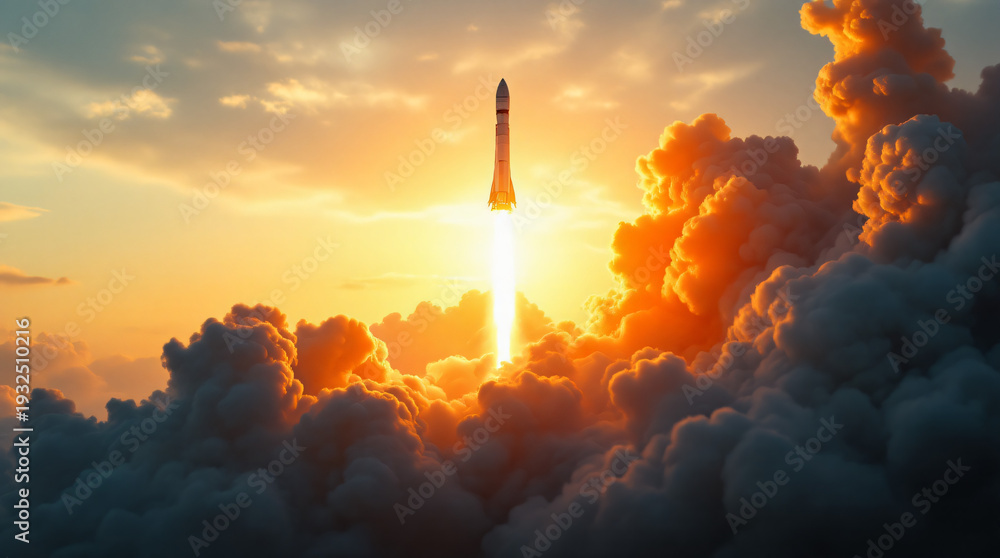 Fototapeta premium A rocket launching into a vibrant orange sky with a massive exhaust plume.
