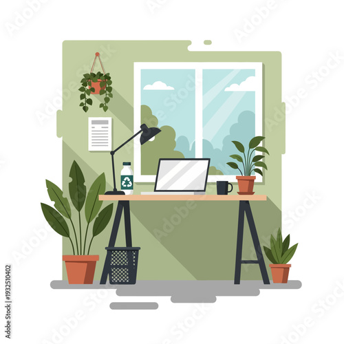A serene home office setup with a laptop on a desk surrounded by plants near a window with a cityscape view