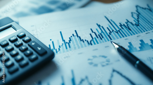 Close-up of financial charts and graphs on a document with a calculator and pen, representing business analysis and data.