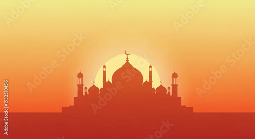 Silhouette of a majestic mosque at sunset with prominent domes and minarets against a vibrant orange sky