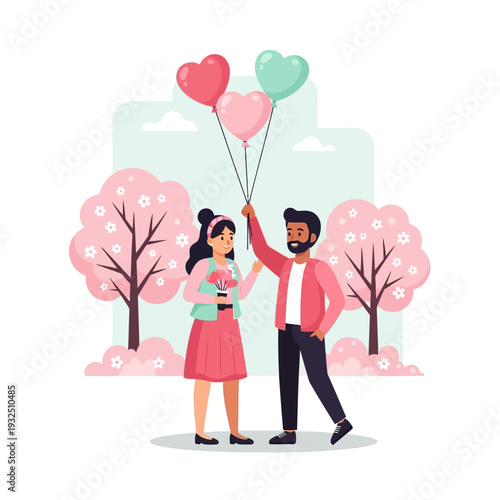 Couple holding heart-shaped balloons together in a serene park with blooming trees during a romantic afternoon stroll