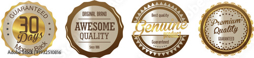 Four gold and brown quality seals on a white background