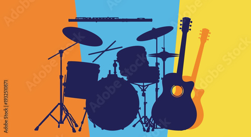 Silhouetted drum set and guitars displayed against a vibrant, multicolored background from a front viewpoint