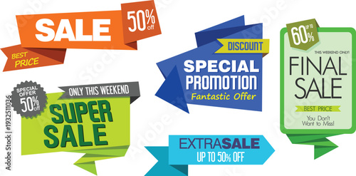A collection of colorful sale and promotion banners