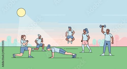 Group of people engaging in fitness activities on a green field with a cameraman capturing the moment from a distance under a clear sky