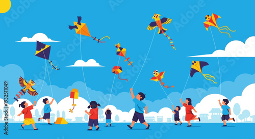 Children flying colorful kites in a sunny outdoor environment with fluffy white clouds