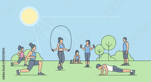 Group of people exercising outdoors on a sunny day in a park with green trees
