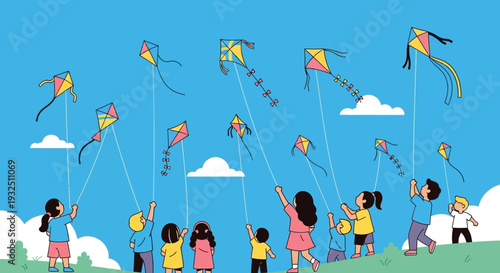 Children flying colorful kites in a serene outdoor environment on a grassy hill with a clear blue sky