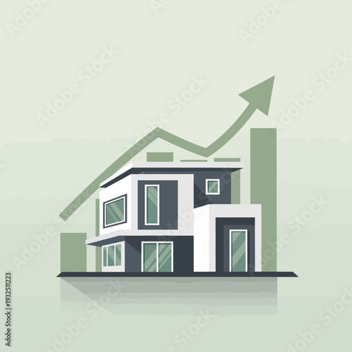 Illustration of a modern house with an upward trending graph and arrow indicating real estate market growth