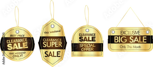 Golden sale tags with various discount labels hanging in a row