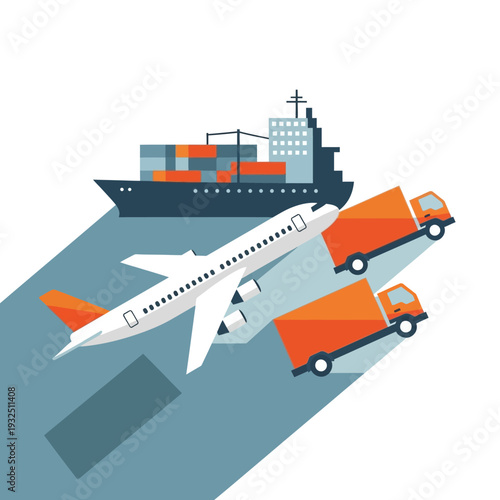 Logistics and transportation illustration featuring airplane, trucks, and cargo ship in transit on a diagonal path