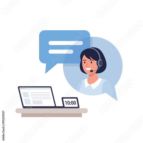 A customer service representative wearing a headset communicates with a client through a laptop on a desk