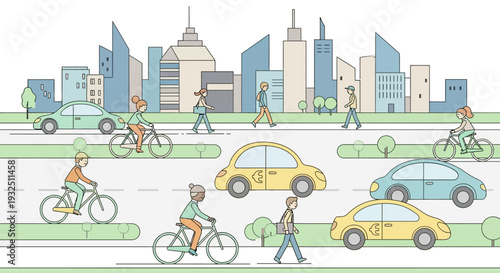 Cityscape illustration showing people commuting on bicycles and cars driving through a busy urban environment from a panoramic viewpoint