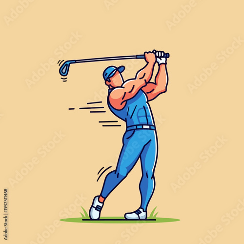 Muscular golfer in blue outfit swings club on golf course, dynamic action shot