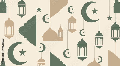 Celebratory lanterns and crescent moons pattern in a festive Islamic cultural scene from an overhead viewpoint