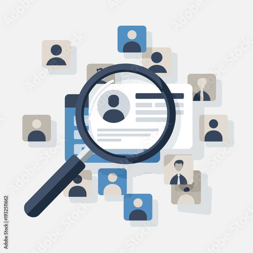 Magnifying glass examining a profile among multiple user icons in a digital interface
