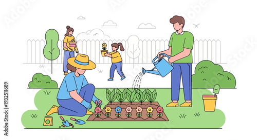 Family gardening together in a lush backyard, cultivating plants and enjoying quality time