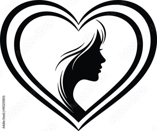 Elegant silhouette of a beautiful woman face profile inside a heart shape, vector illustration for beauty salon, hair care, love,