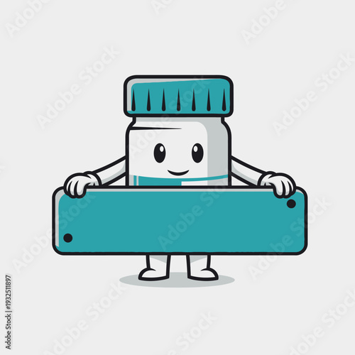 Cute cartoon pill bottle character holding a blank sign, isolated on white background