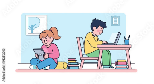 Two students studying together in a cozy room with a man working on laptop and woman using tablet surrounded by books