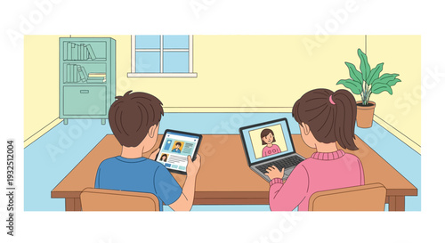 Two children sitting at a table in a room, using digital devices together, viewed from behind, in a casual indoor setting.