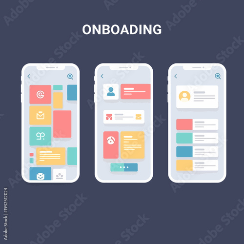 A series of mobile phone screens displaying various onboarding interfaces with different layouts and designs