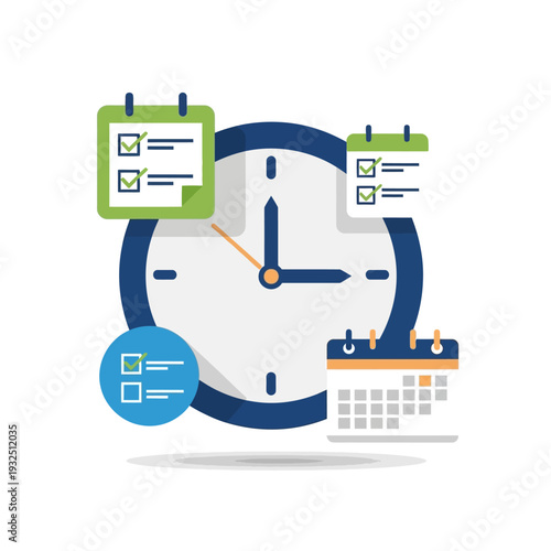 Time management illustration featuring clock and calendar with checklist notes from a straightforward front view