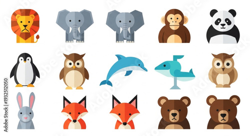 Collection of various animal illustrations in a flat design style for educational purposes.