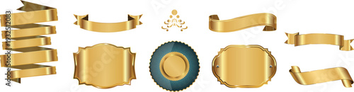 A collection of gold and blue metallic components and parts