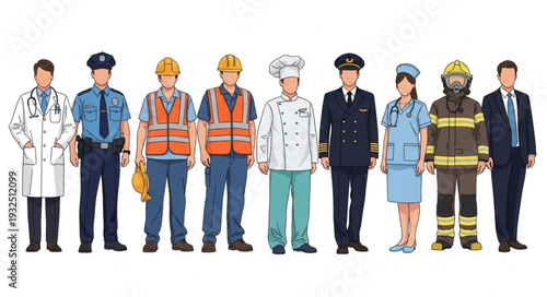 Diverse group of professionals showcasing various occupations and careers in society.