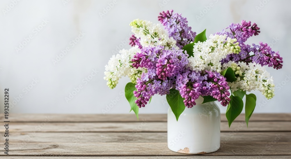 Fototapeta premium A beautiful bunch of lilacs sits in a white ceramic vase on a rustic wooden table. The flowers are a mix of white and purple hues, creating a delicate and charming arrangement.