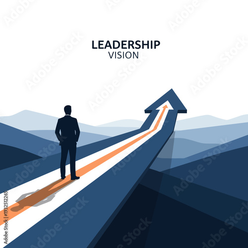 A man stands on a pathway leading to a large arrow, symbolizing leadership and vision, in a mountainous landscape viewed from behind.