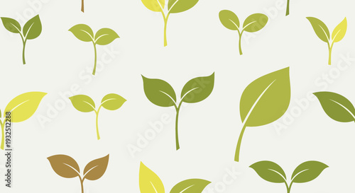 Sprouting leaves pattern featuring various green and yellow seedlings from an overhead viewpoint