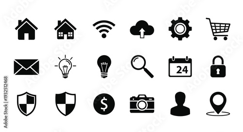 Collection of black icons representing various concepts a silhouette