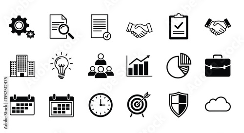 Collection of business icons representing various concepts a dark silhouette