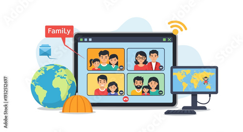 Global family video call on computer screen with world map displayed on monitor nearby