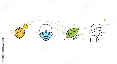 Illustration of a person sneezing with a masked head, surrounded by germs, and a leaf floating nearby