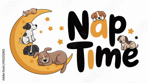 Cute dogs sleeping on moon with stars nap time concept adorable puppies resting