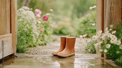 Close up of brown rubber rain boots on wet stone floor at the garden entrance during rain.