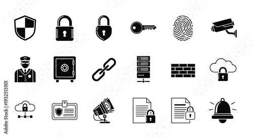 A collection of security icons depicting protection and surveillance silhouette