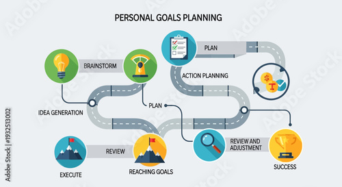 Personal goals planning process visualized through a flowchart illustrating steps from brainstorming to success in a professional setting