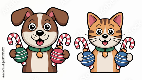 Cartoon dog and cat holding christmas ornaments and candy canes on green collars
