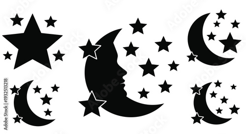 Celestial bodies including moons and stars in a dark silhouette