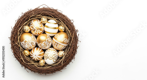 A woven wicker nest cradles a collection of golden and white Easter eggs. The eggs are intricately decorated with swirling patterns and gold accents.