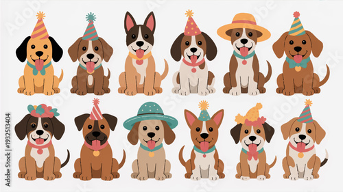 Cute dogs wearing party hats and bandanas sitting in two rows on white background celebrating birthday or special occasion with colorful accessories